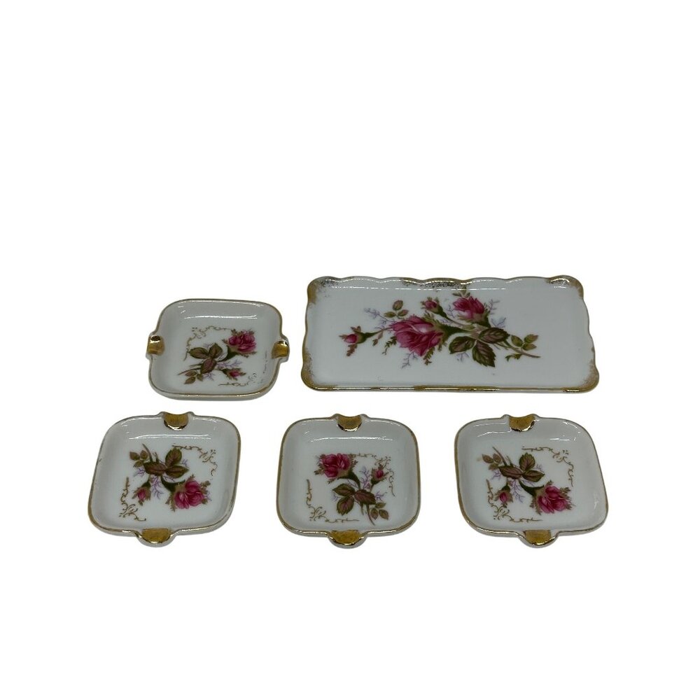 VTG Royal Sealy Japan Porcelain‎ 5-Pc Dresser Set Hand Painted Roses Shabby Chic